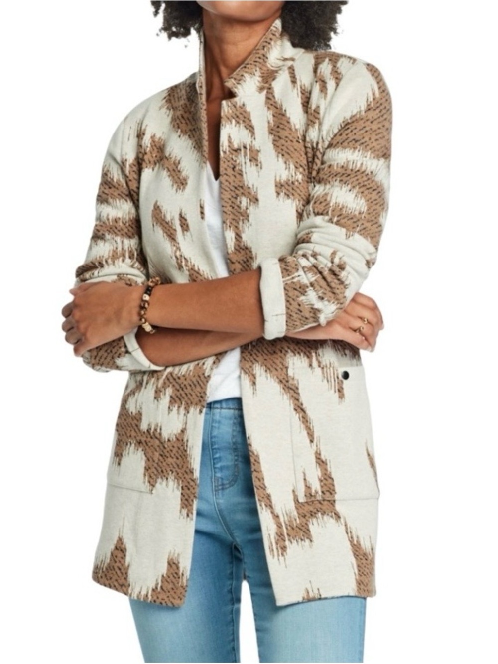 NIC+ZOE NWT Jacquard Knit Open Front Blazer Jacket Medium Brown Tan Animal Print